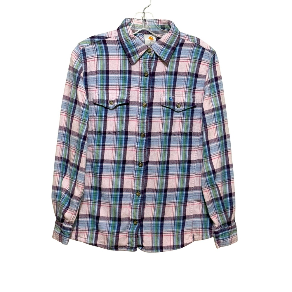 Carhartt For Women Plaid Flannel Shirt Small Pink Purple Cotton Button Down